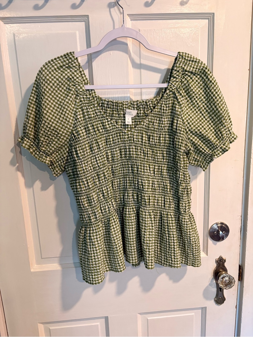 Market & Spruce Olive Green Gingham Smocked Peplum Top